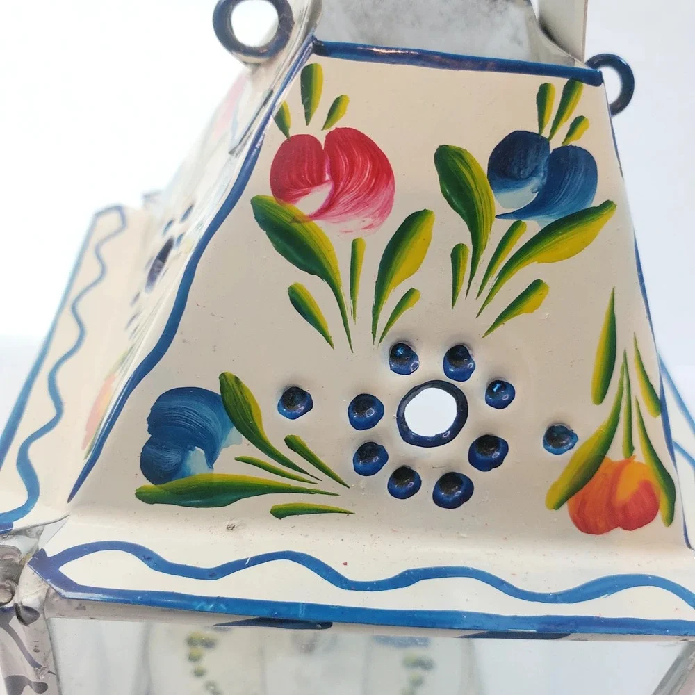 Vintage Primitive Folk Art Tin & Glass Hand Painted Floral Oil Lantern Portugal